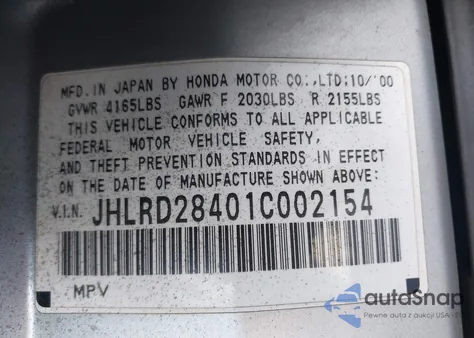 2001 Honda Cr-V Lx from USA, damaged, VIN JHLRD28401C002154
